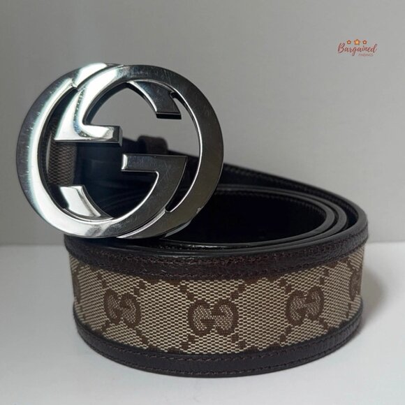 Auth GUCCI Brown Monogram Canvas Leather Silver Interlocking G Buckle Belt 85/34 - Picture 12 of 13